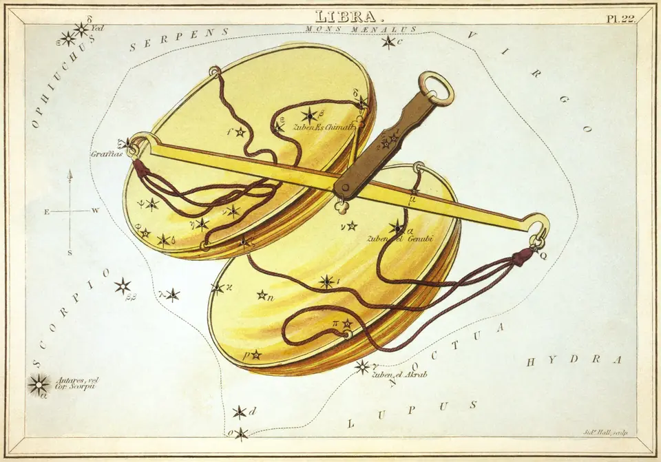 Kolorierter Stich des Sternbilds der Waage (Libra), Sternkarte aus Urania's Mirror, London 1824