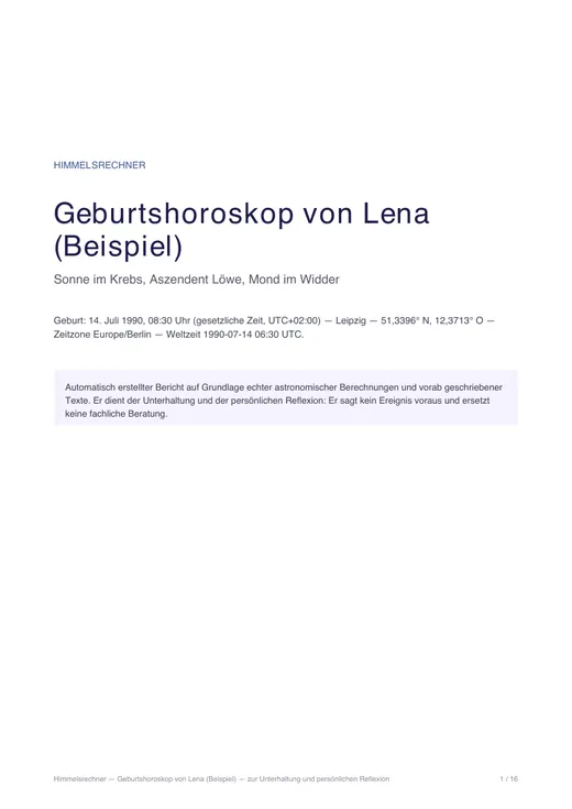 Deckblatt des Beispiels Geburtshoroskop-Analyse (fiktive Person)
