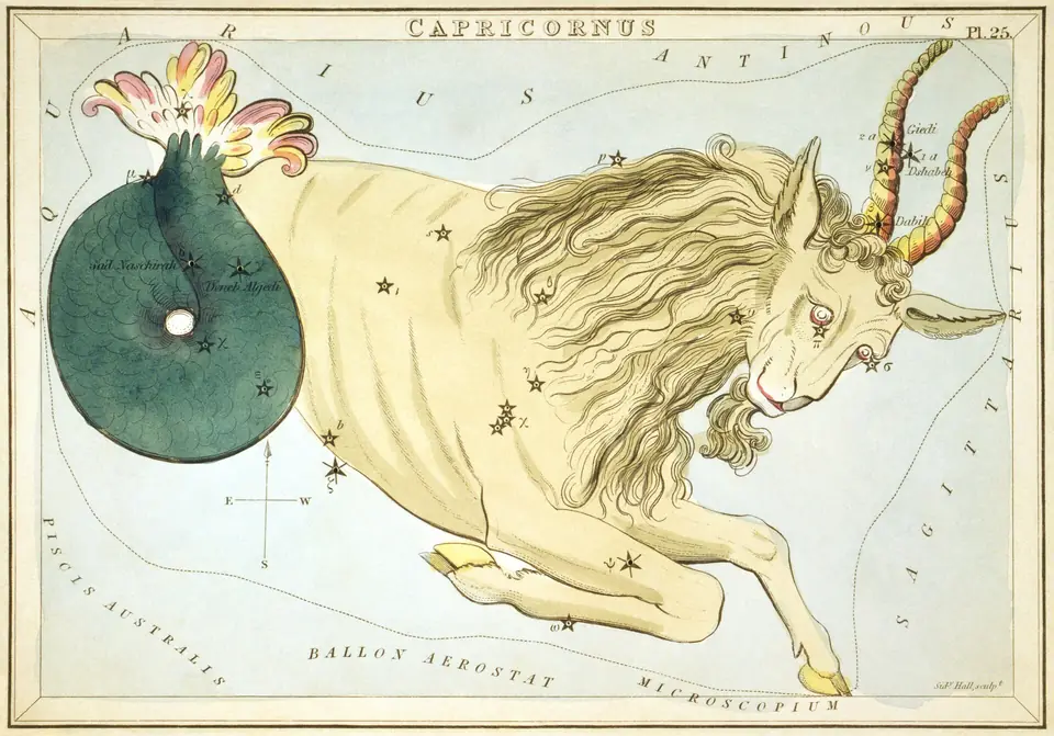 Kolorierter Stich des Sternbilds des Steinbocks (Capricornus), Sternkarte aus Urania's Mirror, London 1824