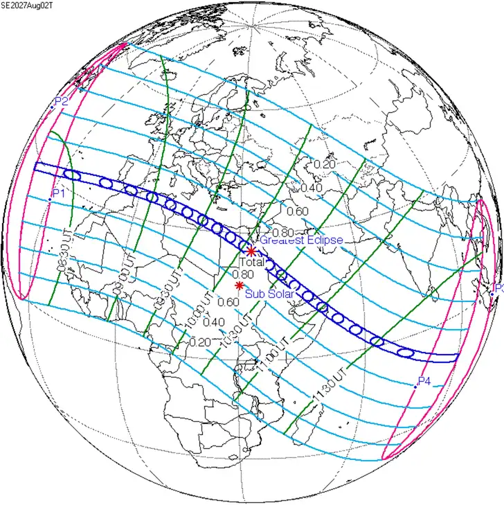 Karte der totalen Sonnenfinsternis vom 2. August 2027: Totalitätszone von der Straße von Gibraltar bis Ägypten und Zonen partieller Sichtbarkeit