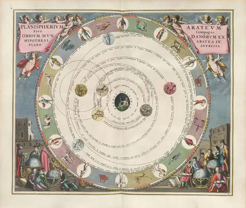 Kolorierter Kupferstich mit den Sternbildern des Tierkreises, Harmonia Macrocosmica von Andreas Cellarius