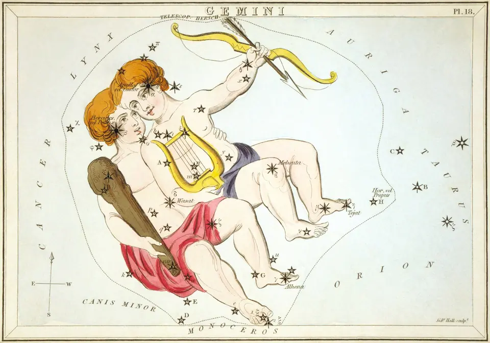 Kolorierter Stich des Sternbilds der Zwillinge (Gemini), Sternkarte aus Urania's Mirror, London 1824