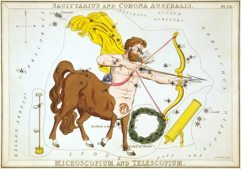 Kolorierter Stich des Sternbilds des Schützen (Sagittarius), Sternkarte aus Urania's Mirror, London 1824