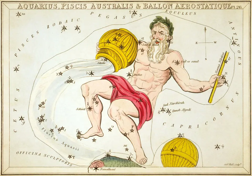 Kolorierter Stich des Sternbilds des Wassermanns (Aquarius), Sternkarte aus Urania's Mirror, London 1824