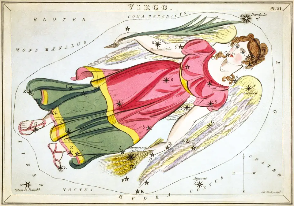 Kolorierter Stich des Sternbilds der Jungfrau (Virgo), Sternkarte aus Urania's Mirror, London 1824